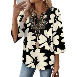 image:imageWIHOLL 34 Length Sleeve Womens Tops Boho V Neck Lace Shirt Trendy Blouses Dressy Casual Vacation Clothes S3XL05  Black Floral