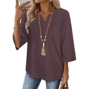 image:imageWIHOLL 34 Length Sleeve Womens Tops Boho V Neck Lace Shirt Trendy Blouses Dressy Casual Vacation Clothes S3XL05  Deep Plum