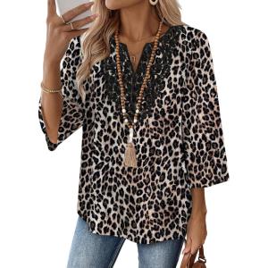 image:imageWIHOLL 34 Length Sleeve Womens Tops Boho V Neck Lace Shirt Trendy Blouses Dressy Casual Vacation Clothes S3XL05  Leopard Print