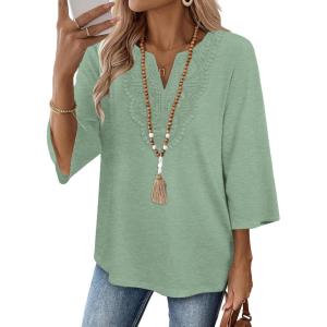 image:imageWIHOLL 34 Length Sleeve Womens Tops Boho V Neck Lace Shirt Trendy Blouses Dressy Casual Vacation Clothes S3XL05  Mint Green