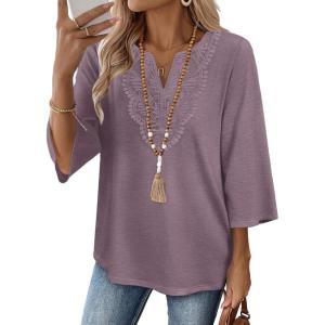 image:imageWIHOLL 34 Length Sleeve Womens Tops Boho V Neck Lace Shirt Trendy Blouses Dressy Casual Vacation Clothes S3XL05  Taro Purple