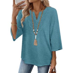 image:imageWIHOLL 34 Length Sleeve Womens Tops Boho V Neck Lace Shirt Trendy Blouses Dressy Casual Vacation Clothes S3XL05  Turquoise