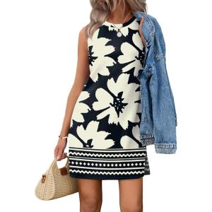 image:imageWIHOLL Casual Dresses for Women Crewneck Sleeveless Tank Dress Summer Spring Boho Vacation ClothesBlack White Flower