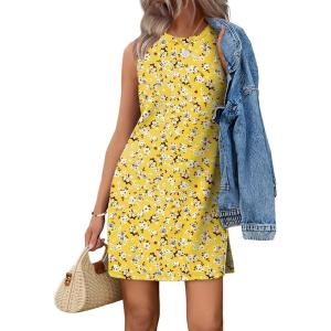 image:imageWIHOLL Casual Dresses for Women Crewneck Sleeveless Tank Dress Summer Spring Boho Vacation ClothesYellow White Print
