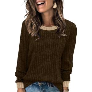 image:imageWIHOLL Long Sleeve Shirts for Women Lightweight Sweaters Fall Outfits 2026 Color Block Winter Clothing Dressy Casual Soft05brown