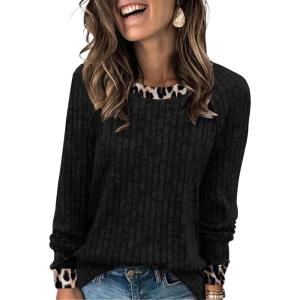image:imageWIHOLL Long Sleeve Shirts for Women Lightweight Sweaters Fall Outfits 2026 Color Block Winter Clothing Dressy Casual Soft08black Leopard