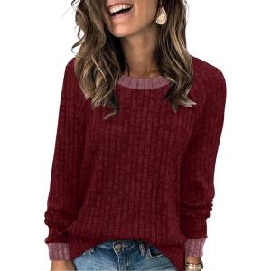 image:imageWIHOLL Long Sleeve Shirts for Women Lightweight Sweaters Fall Outfits 2026 Color Block Winter Clothing Dressy Casual Soft08red