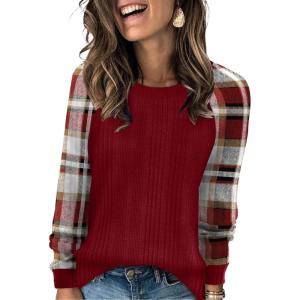 image:imageWIHOLL Long Sleeve Shirts for Women Lightweight Sweaters Fall Outfits 2026 Color Block Winter Clothing Dressy Casual Soft08red Plaid