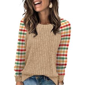 image:imageWIHOLL Long Sleeve Shirts for Women Lightweight Sweaters Fall Outfits 2026 Color Block Winter Clothing Dressy Casual Soft08red Yellow Plaid