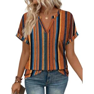 image:imageWIHOLL Womens Blouses Spring Tops Short Sleeve Shirts Dressy Casual Summer Vacation Fashion Clothing 2026Boho Brown Striped