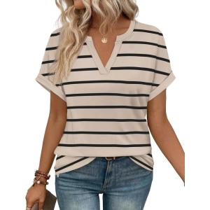 image:imageWIHOLL Womens Blouses Spring Tops Short Sleeve Shirts Dressy Casual Summer Vacation Fashion Clothing 2026Khaki Black Striped