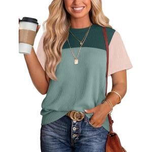 image:imageWIHOLL Womens Fashion 2026 Color Block Shirts Short Sleeve Crewneck Knitted Spring Summer Tops Casual TrendyBeige Green