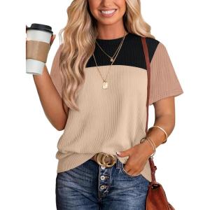 image:imageWIHOLL Womens Fashion 2026 Color Block Shirts Short Sleeve Crewneck Knitted Spring Summer Tops Casual TrendyBlack