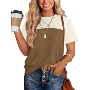 image:imageWIHOLL Womens Fashion 2026 Color Block Shirts Short Sleeve Crewneck Knitted Spring Summer Tops Casual TrendyBrown Beige