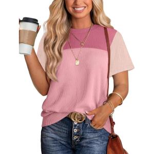 image:imageWIHOLL Womens Fashion 2026 Color Block Shirts Short Sleeve Crewneck Knitted Spring Summer Tops Casual TrendyCream Pink