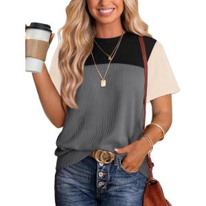 image:imageWIHOLL Womens Fashion 2026 Color Block Shirts Short Sleeve Crewneck Knitted Spring Summer Tops Casual TrendyGray Black