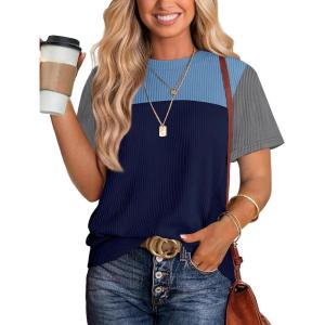 image:imageWIHOLL Womens Fashion 2026 Color Block Shirts Short Sleeve Crewneck Knitted Spring Summer Tops Casual TrendyGray Blue