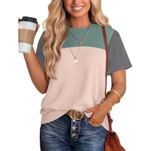 image:imageWIHOLL Womens Fashion 2026 Color Block Shirts Short Sleeve Crewneck Knitted Spring Summer Tops Casual TrendyGreen