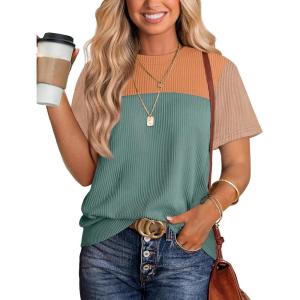 image:imageWIHOLL Womens Fashion 2026 Color Block Shirts Short Sleeve Crewneck Knitted Spring Summer Tops Casual TrendyGreen Orange