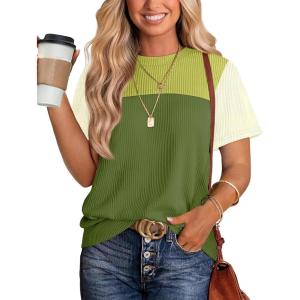 image:imageWIHOLL Womens Fashion 2026 Color Block Shirts Short Sleeve Crewneck Knitted Spring Summer Tops Casual TrendyGreen2