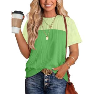 image:imageWIHOLL Womens Fashion 2026 Color Block Shirts Short Sleeve Crewneck Knitted Spring Summer Tops Casual TrendyGreen3