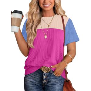 image:imageWIHOLL Womens Fashion 2026 Color Block Shirts Short Sleeve Crewneck Knitted Spring Summer Tops Casual TrendyHot Pink