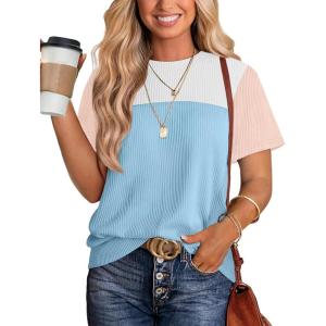 image:imageWIHOLL Womens Fashion 2026 Color Block Shirts Short Sleeve Crewneck Knitted Spring Summer Tops Casual TrendyLight Blue