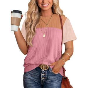image:imageWIHOLL Womens Fashion 2026 Color Block Shirts Short Sleeve Crewneck Knitted Spring Summer Tops Casual TrendyLight Pink