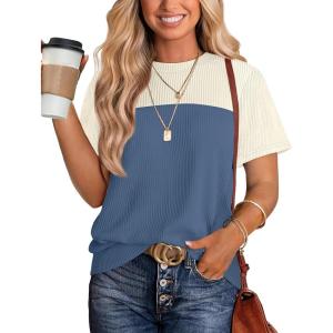image:imageWIHOLL Womens Fashion 2026 Color Block Shirts Short Sleeve Crewneck Knitted Spring Summer Tops Casual TrendyNavy Blue Beige