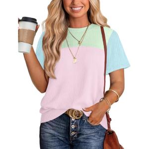 image:imageWIHOLL Womens Fashion 2026 Color Block Shirts Short Sleeve Crewneck Knitted Spring Summer Tops Casual TrendyPink Blue