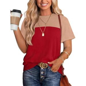 image:imageWIHOLL Womens Fashion 2026 Color Block Shirts Short Sleeve Crewneck Knitted Spring Summer Tops Casual TrendyRed