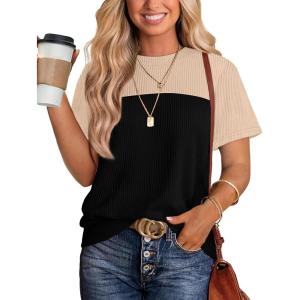 image:imageWIHOLL Womens Fashion 2026 Color Block Shirts Short Sleeve Crewneck Knitted Spring Summer Tops Casual TrendyUmber Black