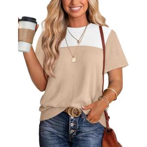 image:imageWIHOLL Womens Fashion 2026 Color Block Shirts Short Sleeve Crewneck Knitted Spring Summer Tops Casual TrendyWhite Khaki