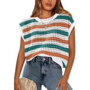 image:imageWIHOLL Womens Summer Cap Sleeve Crochet Tops Hollow Out Spring Sweaters Vacation Cruise Outfits Fashion Clothing 2026Corange Stripe