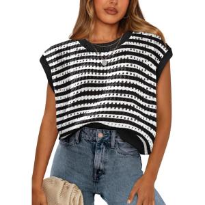 image:imageWIHOLL Womens Summer Cap Sleeve Crochet Tops Hollow Out Spring Sweaters Vacation Cruise Outfits Fashion Clothing 2026Dblack Stripe