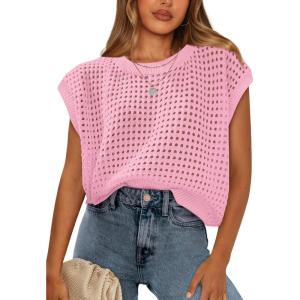 image:imageWIHOLL Womens Summer Cap Sleeve Crochet Tops Hollow Out Spring Sweaters Vacation Cruise Outfits Fashion Clothing 2026Gpink