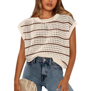 image:imageWIHOLL Womens Summer Cap Sleeve Crochet Tops Hollow Out Spring Sweaters Vacation Cruise Outfits Fashion Clothing 2026Japricot Coffee