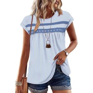 image:imageWIHOLL Womens Summer Tops Trendy 2026 Lace Crochet Cap Short Sleeve Shirts Crew Neck T Shirts Casual Loose BlousesThe Blue Stripes