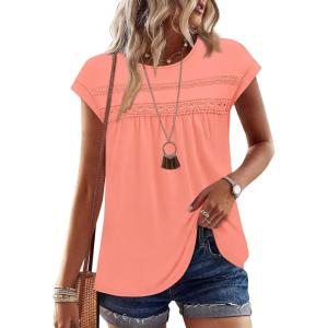 image:imageWIHOLL Womens Summer Tops Trendy 2026 Lace Crochet Cap Short Sleeve Shirts Crew Neck T Shirts Casual Loose BlousesThe Coral