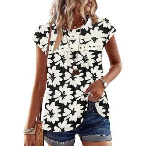 image:imageWIHOLL Womens Summer Tops Trendy 2026 Lace Crochet Cap Short Sleeve Shirts Crew Neck T Shirts Casual Loose BlousesThe Floral Beige
