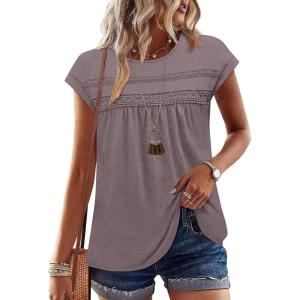 image:imageWIHOLL Womens Summer Tops Trendy 2026 Lace Crochet Cap Short Sleeve Shirts Crew Neck T Shirts Casual Loose BlousesThe Mocha Grey