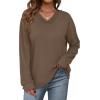 image:imageWIHOLL Sweatshirt for Women V Neck Sweaters Long Sleeve Shirts Fall Clothes Ribbed Collar 2025 Trendy FashionCoffee