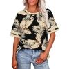 image:imageWIHOLL Womens T Shirts Loose Fit Short Sleeve Tees Crew Neck Color Block Summer Tops 2026 FashionBlack Beige Tropical Leaves