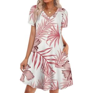 image:imageWIHOLL Boho Summer Dresses for Women Casual Loose T Shirt Dress with Pockets Beach Vacation Outfits S4XL06floral Pink Leaf