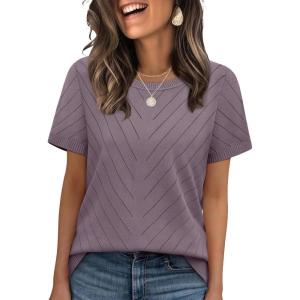image:imageWIHOLL Short Sleeve Sweater for Women Trendy Summer Tops Crew Neck Business Casual Outfits 2026Grey Purple