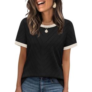 image:imageWIHOLL Short Sleeve Sweater for Women Trendy Summer Tops Crew Neck Business Casual Outfits 2026Z  Black  Apricot