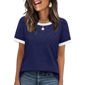 image:imageWIHOLL Short Sleeve Sweater for Women Trendy Summer Tops Crew Neck Business Casual Outfits 2026Z  Navy  White
