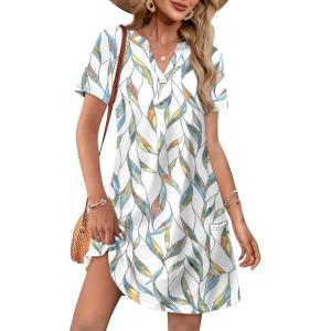 image:imageWIHOLL Summer Dresses for Women Casual V Neck Wedding Guest Dress Hawaiian Midi Dress Fashion Beach Vacation Clothes2leaf Print