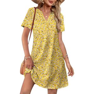 image:imageWIHOLL Summer Dresses for Women Casual V Neck Wedding Guest Dress Hawaiian Midi Dress Fashion Beach Vacation Clothes2yellow Floral