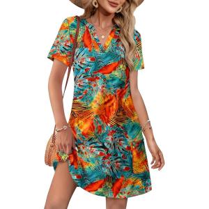 image:imageWIHOLL Summer Dresses for Women Casual V Neck Wedding Guest Dress Hawaiian Midi Dress Fashion Beach Vacation Clothes4coconut Flower